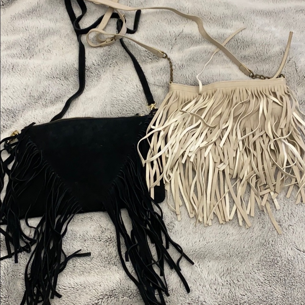 Black and white fringe side purses